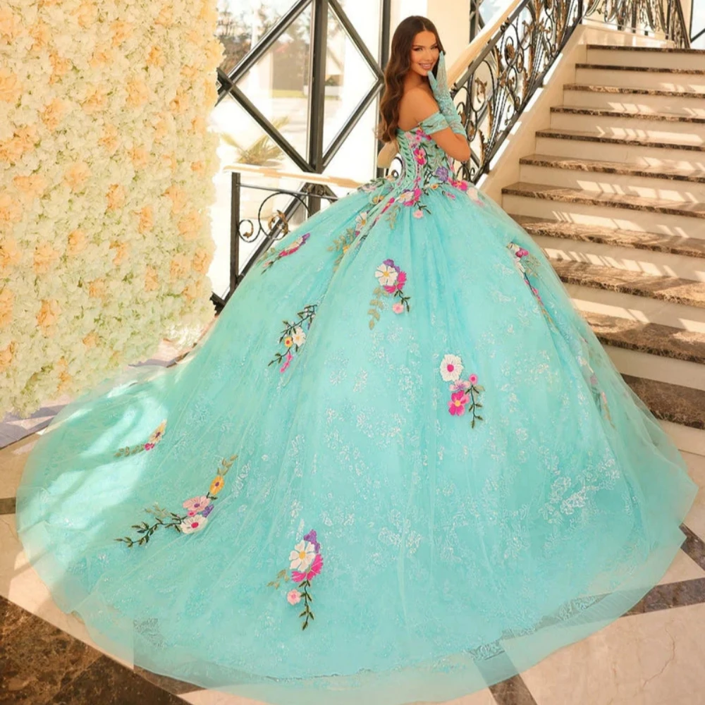 Colorful Flowers Chic Ball Gown Quinceanera Dress Shiny 15 16 Birthday Lace Up No Gloves Evening Dress Sweet Party