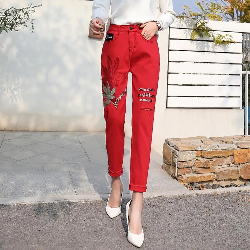 Ladies Red Denim Trousers 2022 New Autumn Fashion Hole Embroidery High Waist Straight Jeans Ankle-length Casual Harem Pants