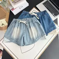 Plus Size Women's Jeans 100kg Fashion Lace For Edging Drawstring Elastic Waist Denim Shorts Wide Leg Hot Pants Summer 25007 - Image 4