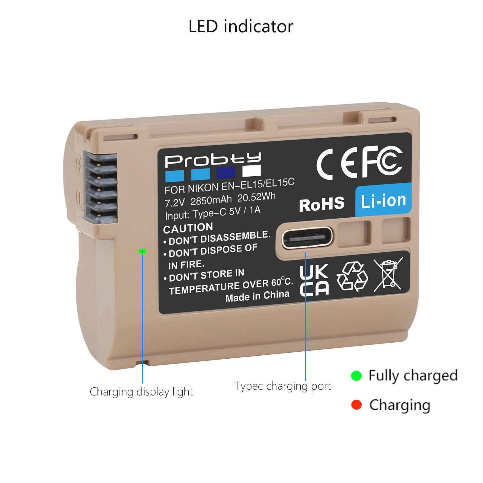 Probty-bateria com Porta de Entrada tipo c 2850mah En-el15c Nikon Z5z8z6 Iiz7z7ii D600 D610 D600e D800 D810 - Image 2