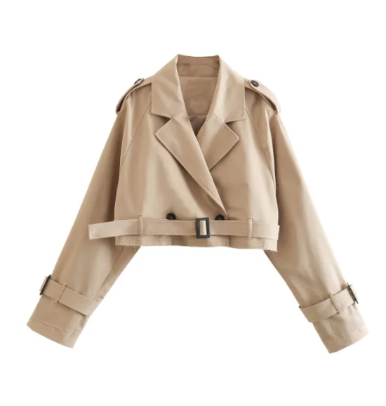 

2023 New Women Fashion With Belt Oversized Cropped Trench Coats Vintage Double Button Long Sleeve Ladies Short Khaki Jacket