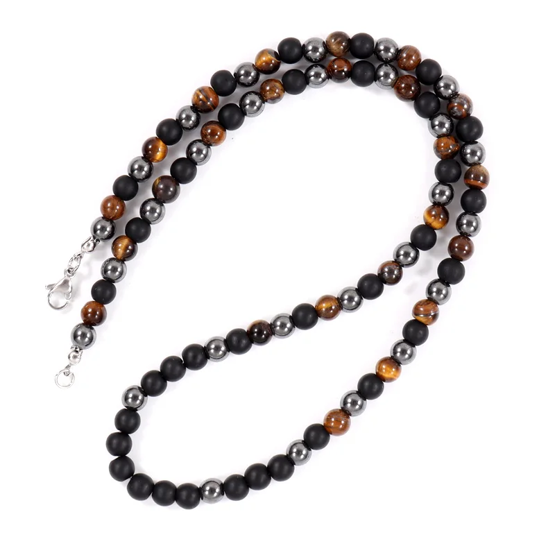 2022 New Trendy Round Men Necklace Simple Fashion 6mm Tiger Eye Hematite Stone Bead Necklace For Men Jewelry Gift 