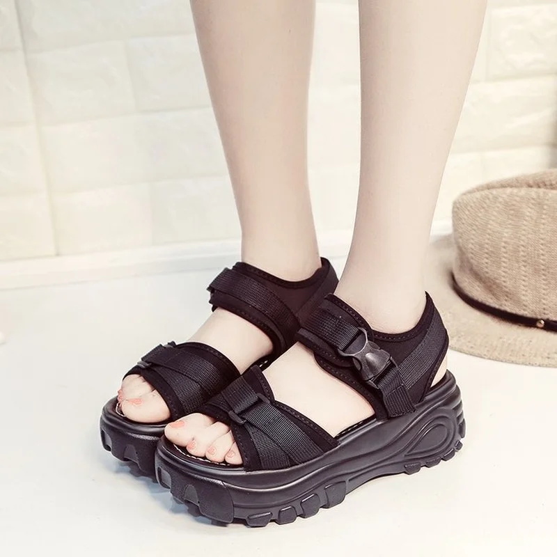 6cm Platform Sandals Women Wedges High Heels Shoes Women Buckle Leather Canvas Summer Zapatos Mujer Wedges Woman Sandals