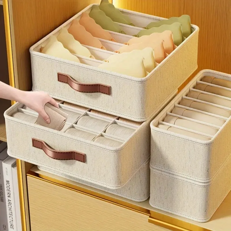 1pc Beige Foldable Drawer Organizer Stackable Fabric Storage Bin for Socks Underwear Bras Accessories Closet Organizers Storage 6