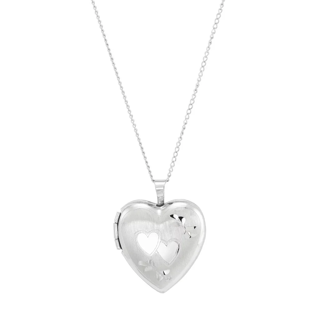 

Sterling Silver Hollow Locket Heart Double-Heart Engraved Design Pendant, 18"