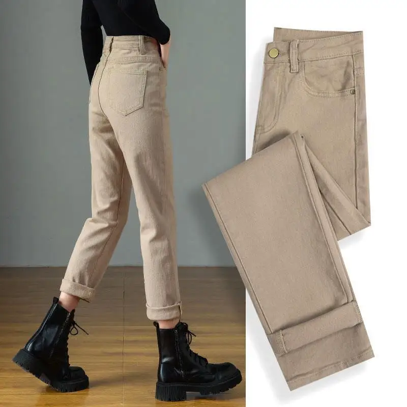 Women's Solid Color High Waited Button Patchwork Pockets Autumn Winter 2023 New Thick Slim-fitting Straight Denim Casual Pants