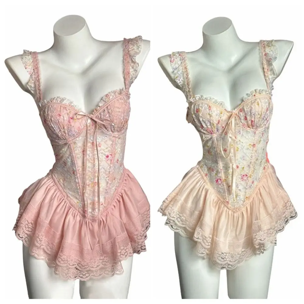 Sleeveless nightwear with soft trim, chest support, and romantic mini dress shape