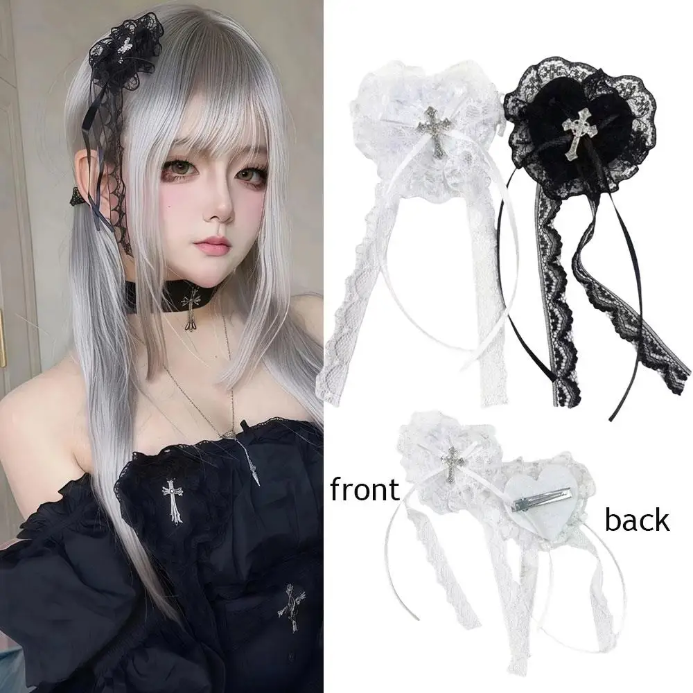 Lolita Punk Cross Hair Clip Black White Lace Ribbon Hair Pins DIY Cosplay Japanese Women Girls Headdress Party Accessories Gifts