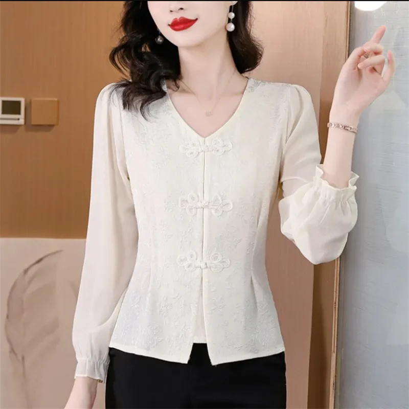 

Женская короткая рубашка в стиле ретро, с V-образным вырезом и рукавами-фонариками