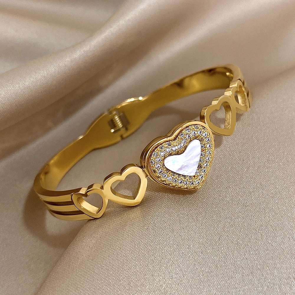 Luxury Rhinestones Heart Bangle Stainless Steel Cuff Stackable Bangle Bracelets with White Shell Valentine's Day Jewelry Gifts 2