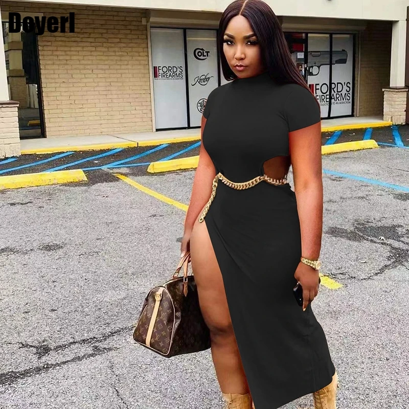 

Night Club Sexy Dress Women Outfit 2022 Hollow Out Chain High Split Midi Party Bodycon Dresses for Women Casual Summer Dress