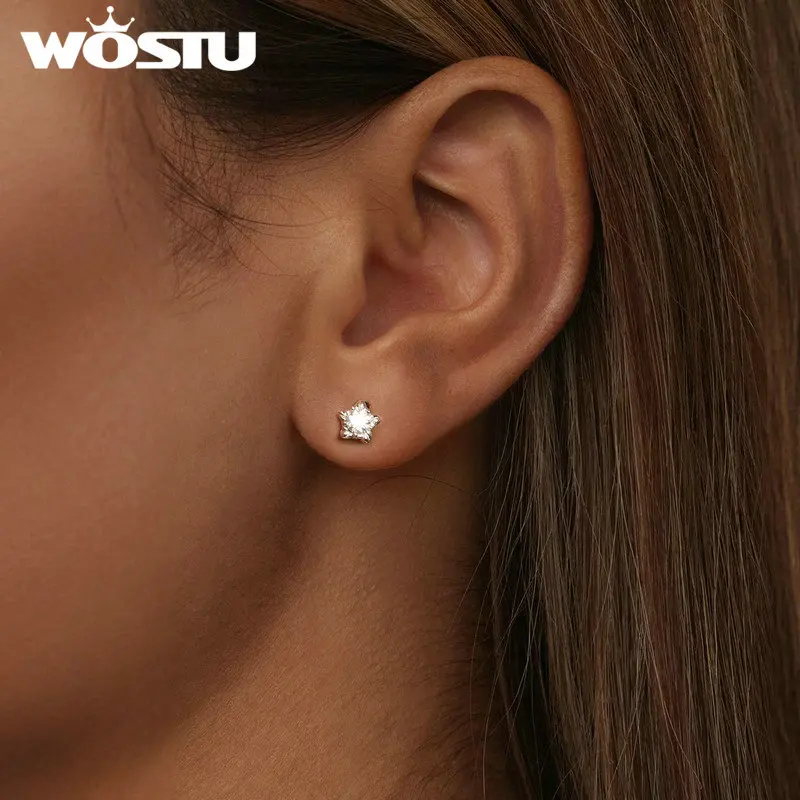 WOSTU 심플 모이사나이트 스타 하트 라운드 스터드 귀걸이, , 다이아몬드 컷 스레드 이어 스터드, 고급 주얼리 선물