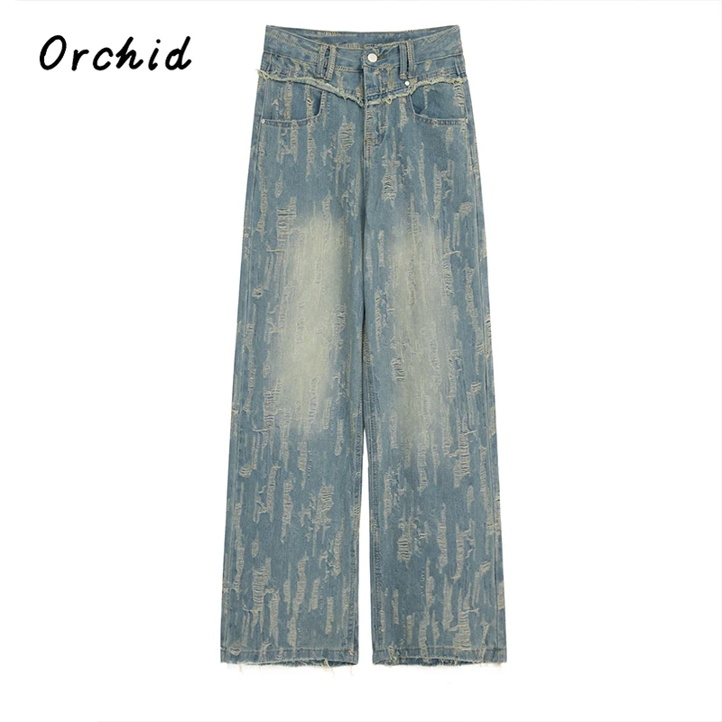 

2023 модные широкие брюки с высокой талией в Корейском стиле Y2K, модные рваные прямые брюки в стиле пэчворк