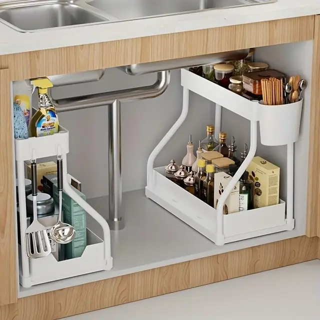 2-Tier L-Shaped Under Sink Organizers (2 Sets), Ideal for Bathroom & Kitchen! With Sliding Drawer & Pull Out Shelves to Maximize 3