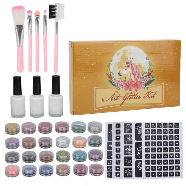 50 Glitter Colors Tattoo Kit With Stencil Glue Brush Makeup Body