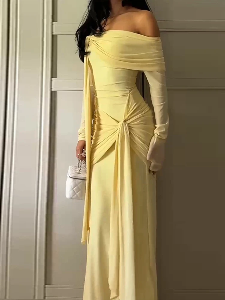 chinese dress ladies Yellow Wide V Neck Long Sleeve Maxi Dress – shopaleena main image 1