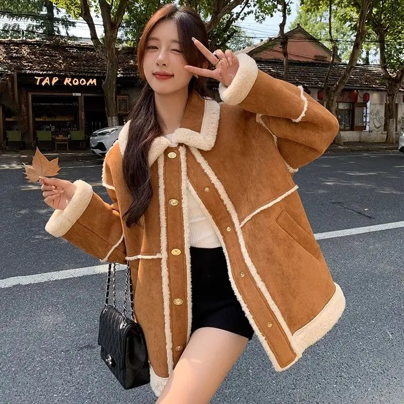 Winter New Women Environment-Friendly Fur Coat Female Fur Integrated Lamb Wool Thicken Suede Plush Outwear Casual Fashion Jacket