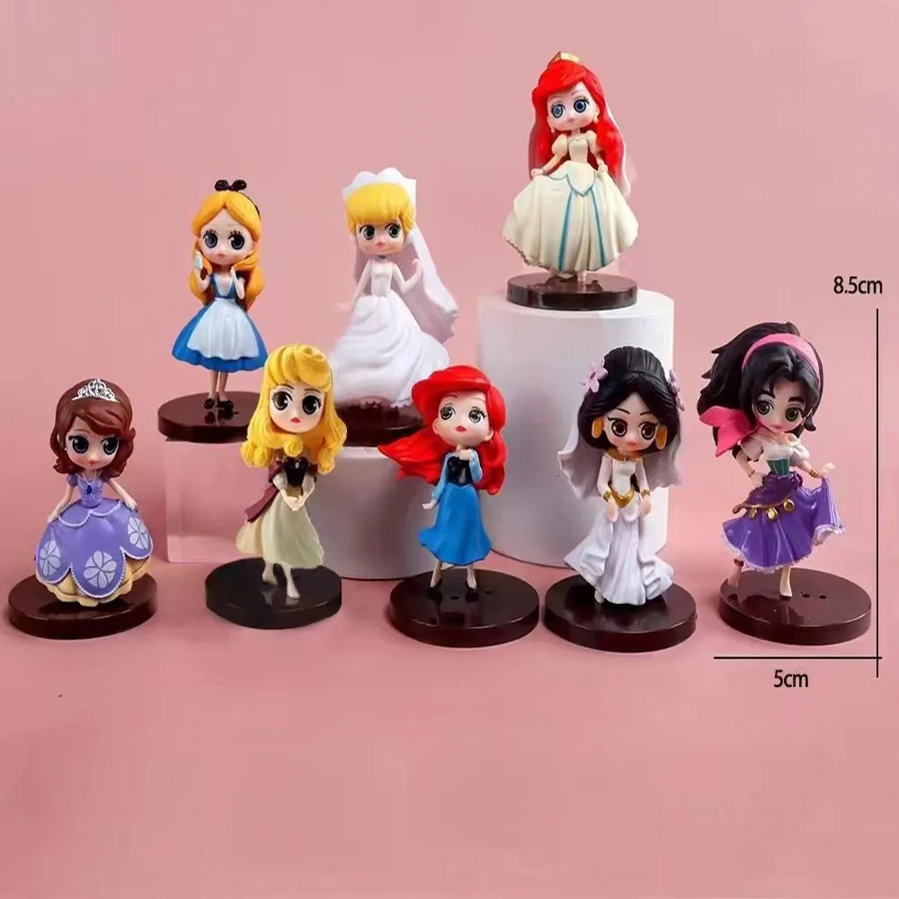

8Pcs/Lot Disney Princess Kawaii Fashion Q Posket Alice Mermaid Cinderella Belle Collectible PVC Action Figure PVC Toy Kids Gifts