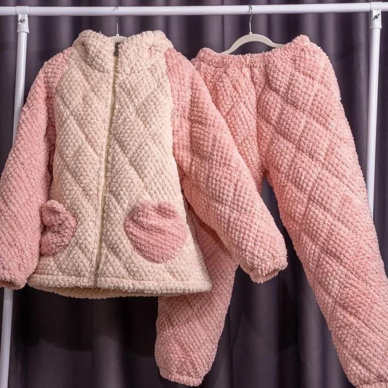 2024 New Popular Winter Three-layer Cotton Sleepwear Girls Warm Pajamas Home Clothes Set Thickened Velvet Coral Loungewear Suit