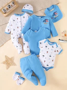 Set di 8 Pezzi per Neonato Maschio, Completo in Cotone con Stampa Barca a Vela, Body, Tutina con Piedini, Pantaloni, Cappello, Bavaglino, Guanti, Regalo per Neonati