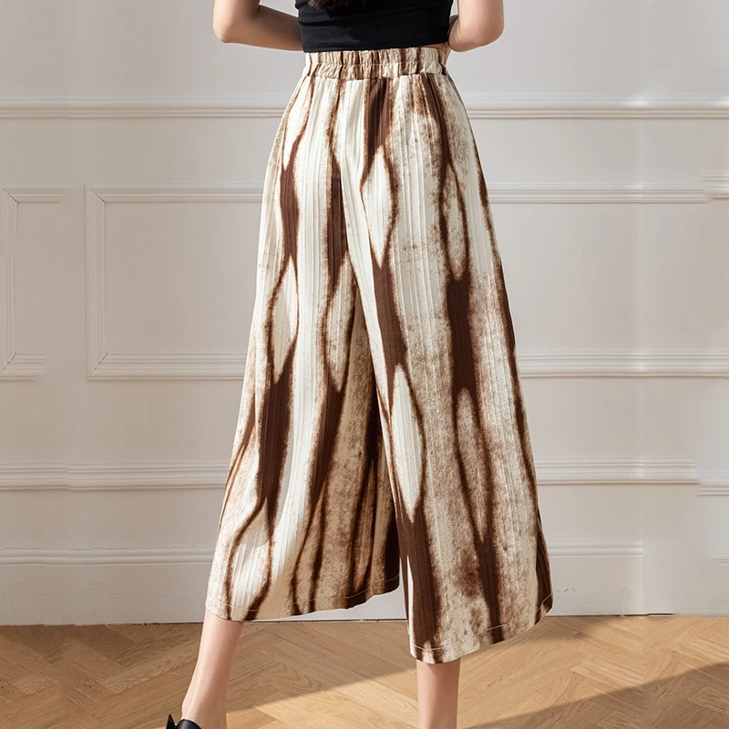 Vintage Tie Dyed Velvet Baggy Pants Women Summer New Fashion High Waist Elastic Loose Wide Leg Pants