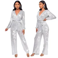 Sliver Bling Bling Sequined Club Jumpsuit Women V-neck Elegant Gold Sparky Sequins Party Romper Overalls - Image 4