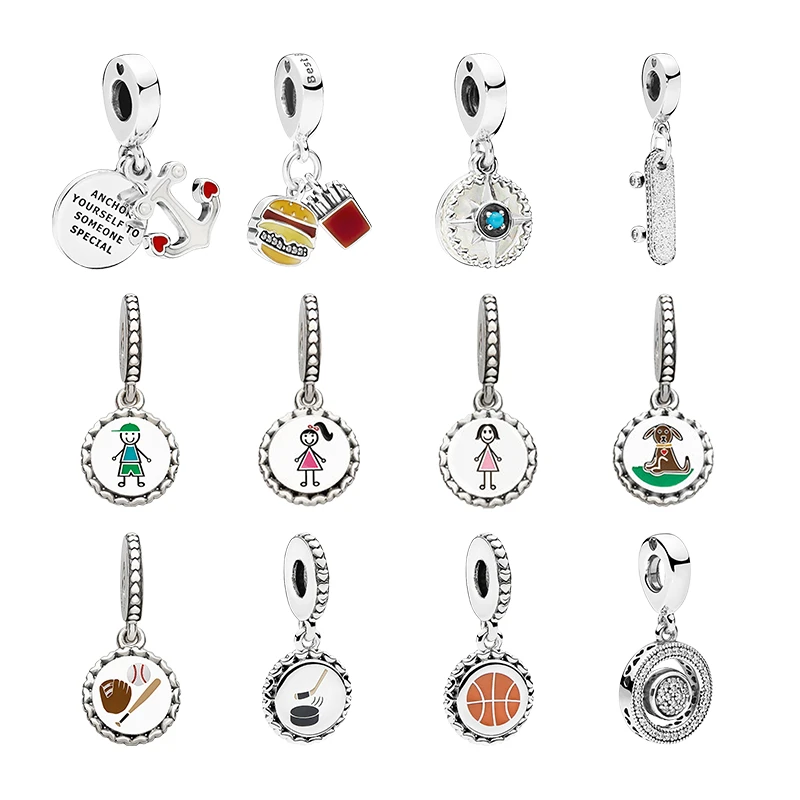 

Silver 925 Pendants Charms For Women Jewelry Making Love Anchor Burger Fries Compass Boy Girl Mom Dog Baseball Hockey Basketball