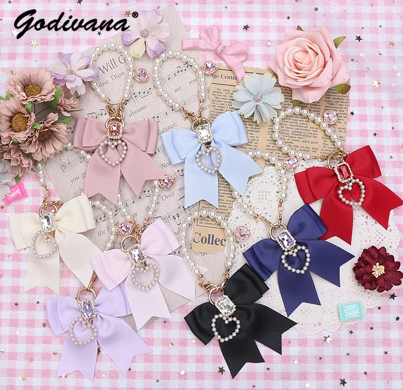 Handmade Sweet Cute Beaded Pearl Handbag Accessories Student Girls Bowknot Rhinestone Bag Pendant Japanese Lolita Bag Charms