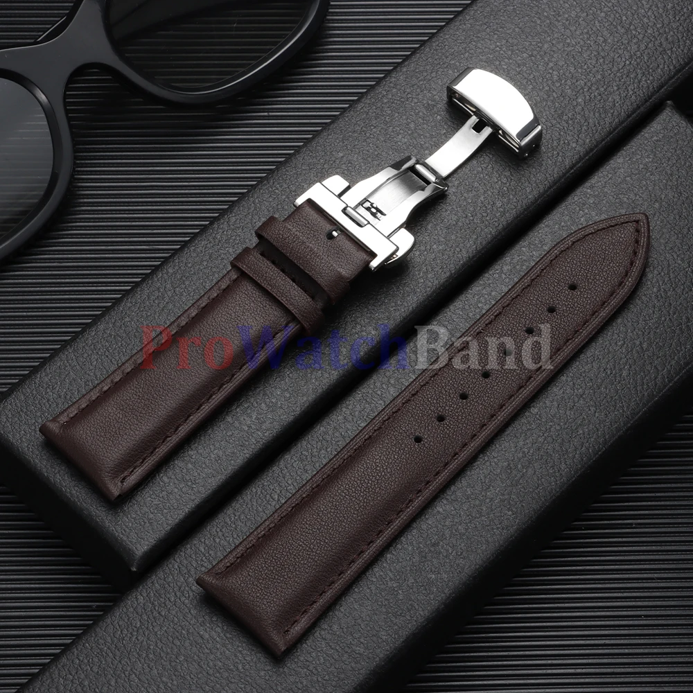 Elegant Leather Watch Band with Gold Butterfly Buckle - Soft Black & Brown Wristbelt