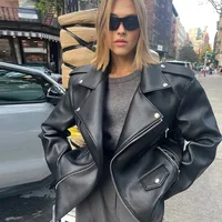 Retro Leather Turndown Collar Women's Jacket Fashion Casual Loose Long Sleeve Zipper Jackets New Autumn Vintage Solid Color Coat 2