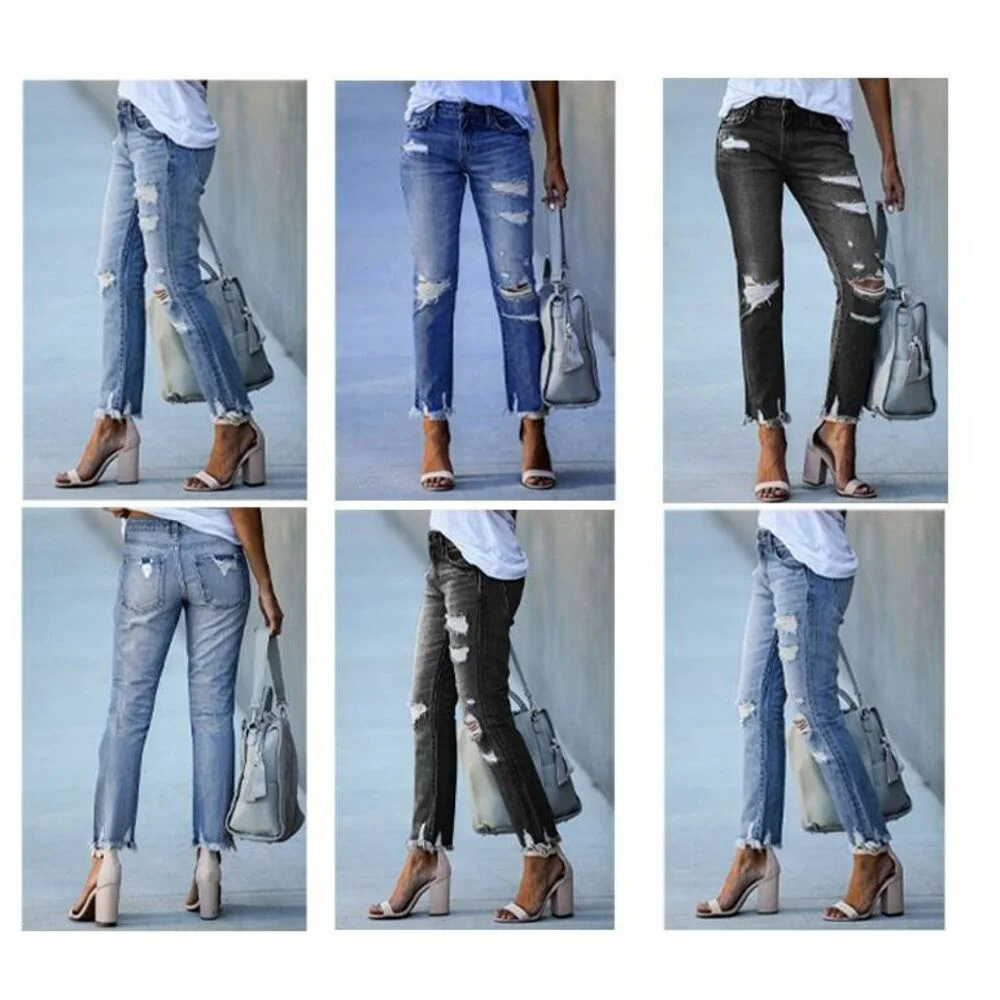 Women's Slim Fit Jeans With Frayed Tassel Hem And Washed Detail_voghion.com