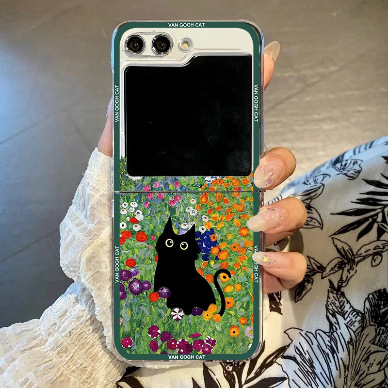 Aesthetic Black Cat Art Van Gogh Folding Phone Case, Clear Cover