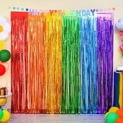 Rainbow Foil Fringe Curtains - Tinsel Metallic Streamers for Vibrant Party Decorations, Set of 2 (2pc colorful curtain)