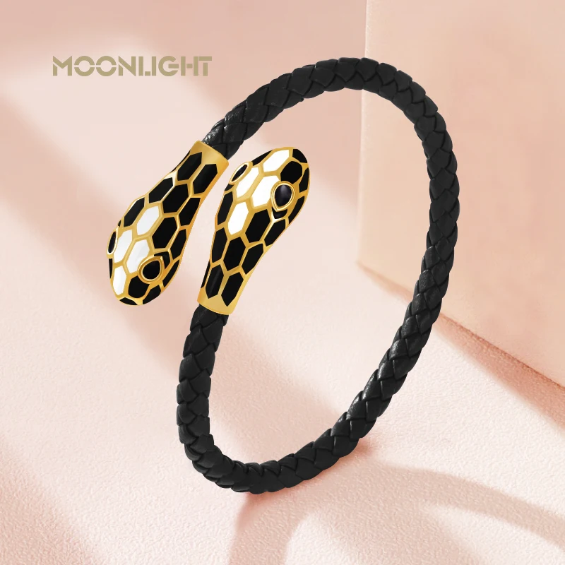 Bracelets MOONLIGHT Classic Style Double Snake Head Cuff Bangles Women Genuine Braided Leather Bracelets Female Fashion Jewelry Gifts