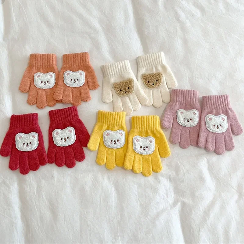 New Children Warm Gloves Autumn Winter Cartoon Bear Baby Five Finger Mittens Students Toddler Writing Cycling Mitten 1-4Y
