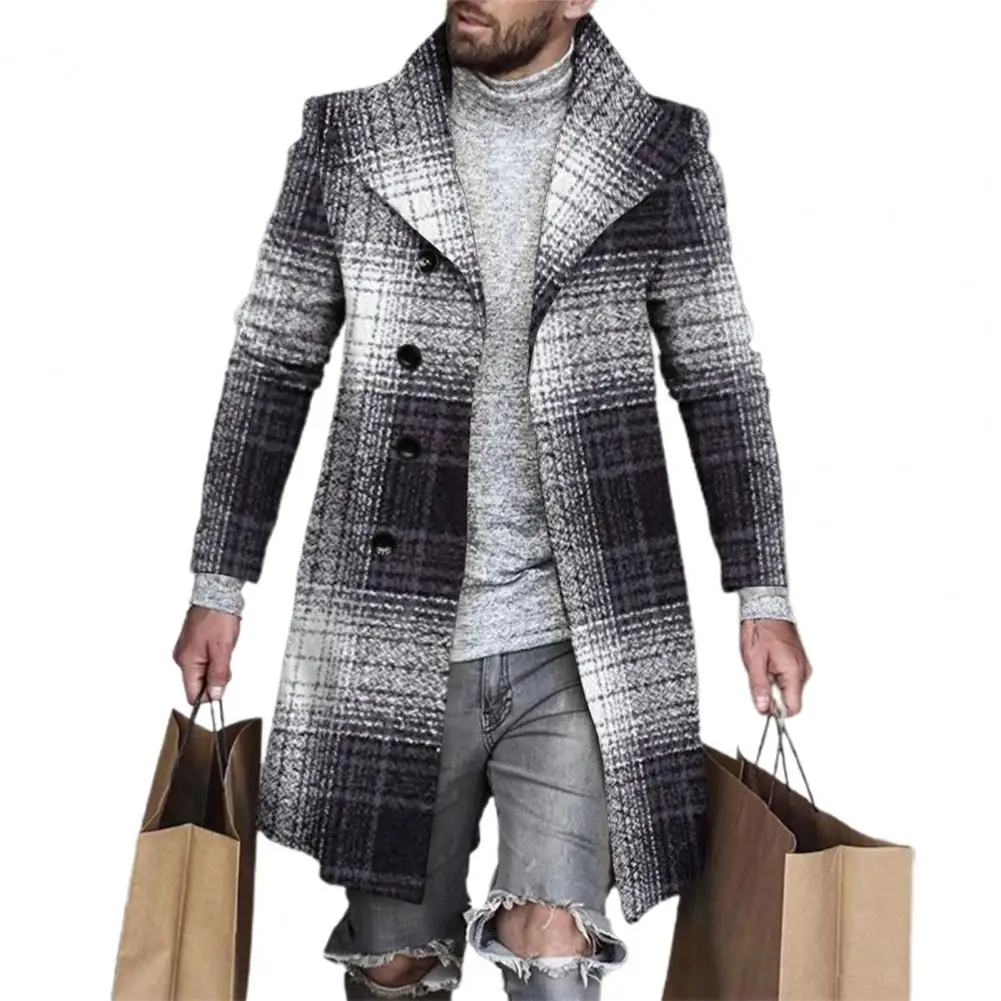 Lapel Long Sleeves Pockets Single-breasted Men Windbreaker Autumn Winter Mid-Length Plaid Patchwork Thickened Woolen Coat trench coat warmth coat waterproof windbreaker jacket casual men jacket outdoor jackets