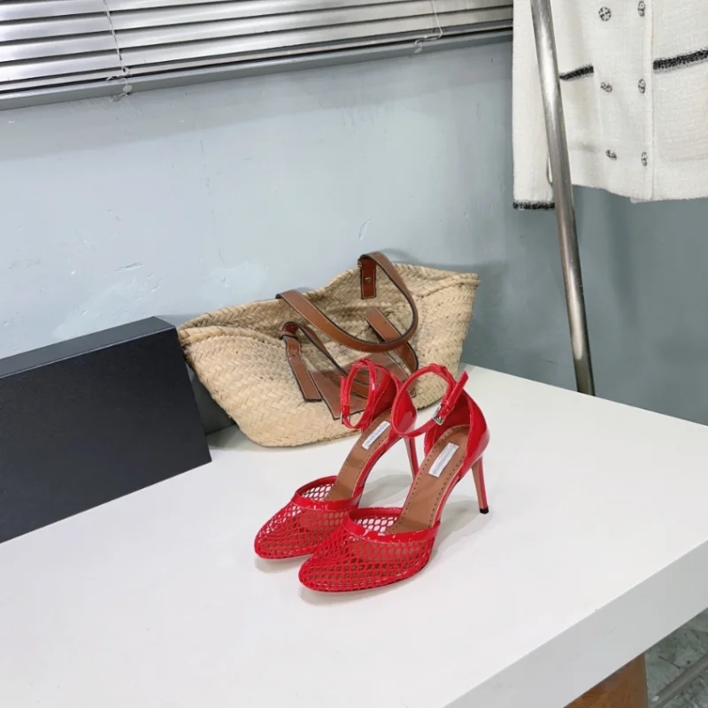 Summer New Fashionable Mesh Super High Heel Sandals Women's Round Head Sexy Thin Heel One line Buckle Sandals