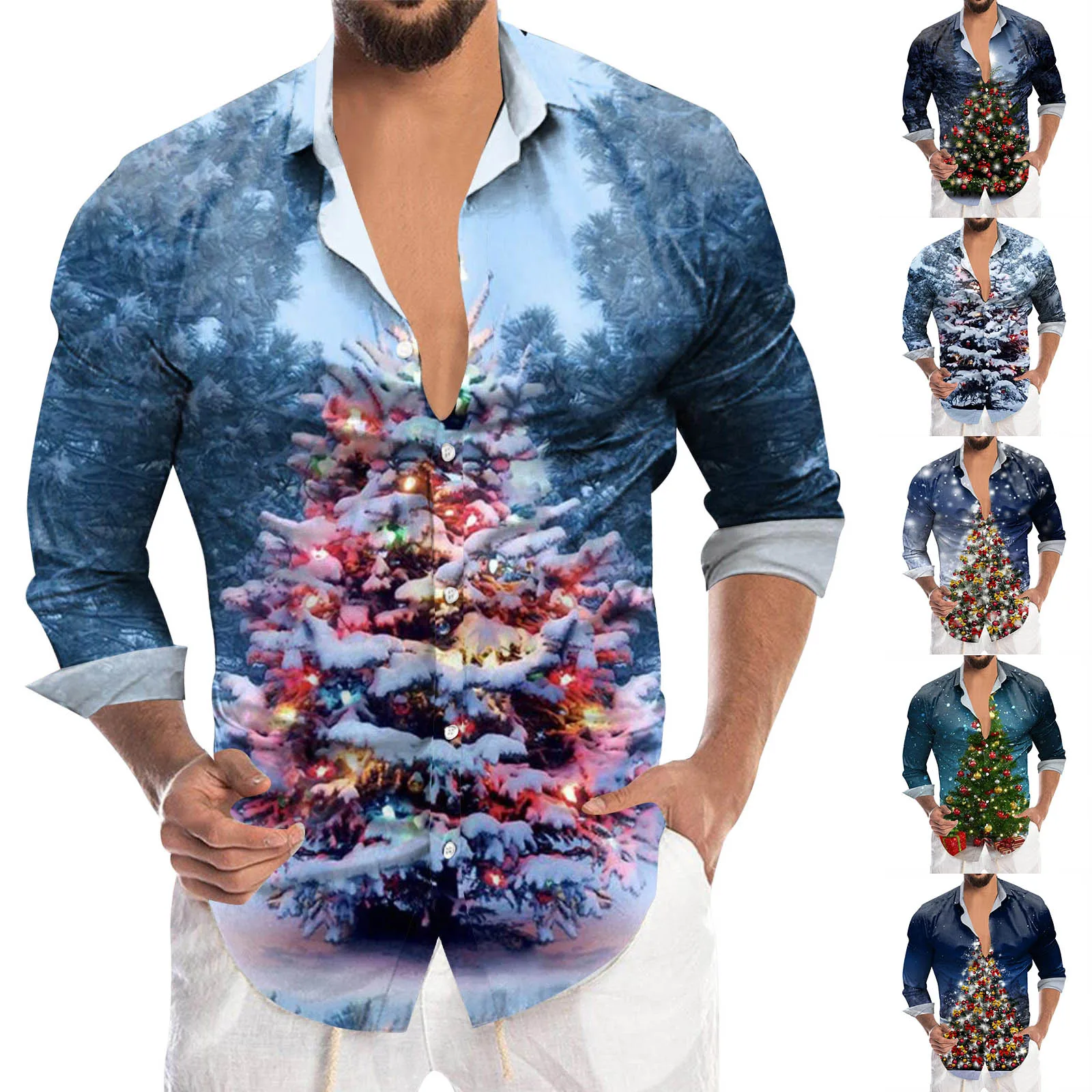 

Mens Christmas Digital 3D Printing Holiday Lapel Button Long Sleeve Shirt Top European American Style Geometric Loose
