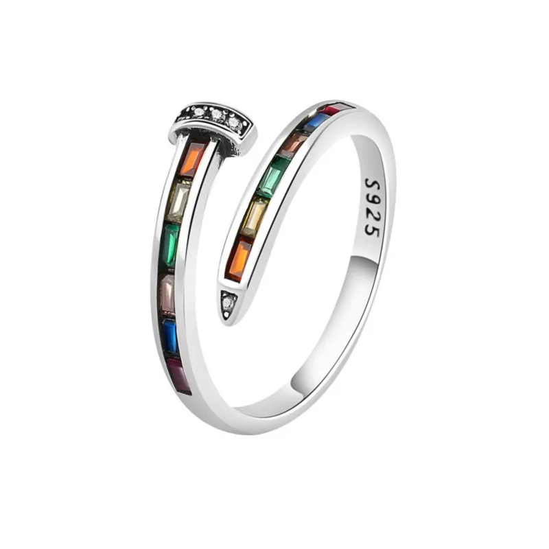 Colorful Rainbow Zircon Nail Ring for Women 2024 New Trend Temperament Open Rings Jewelry Accessories