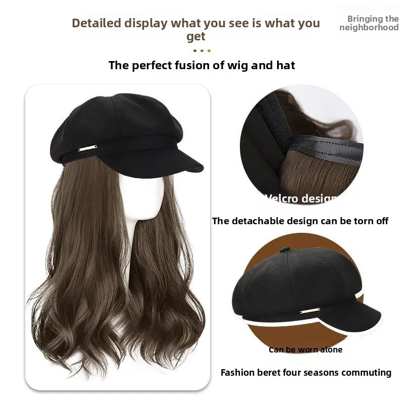 Detachable Faionable l Looking Women's Beret Hat Wig Cap Spring Autumn Long Curl Lazy Curl Fake Hair Cover