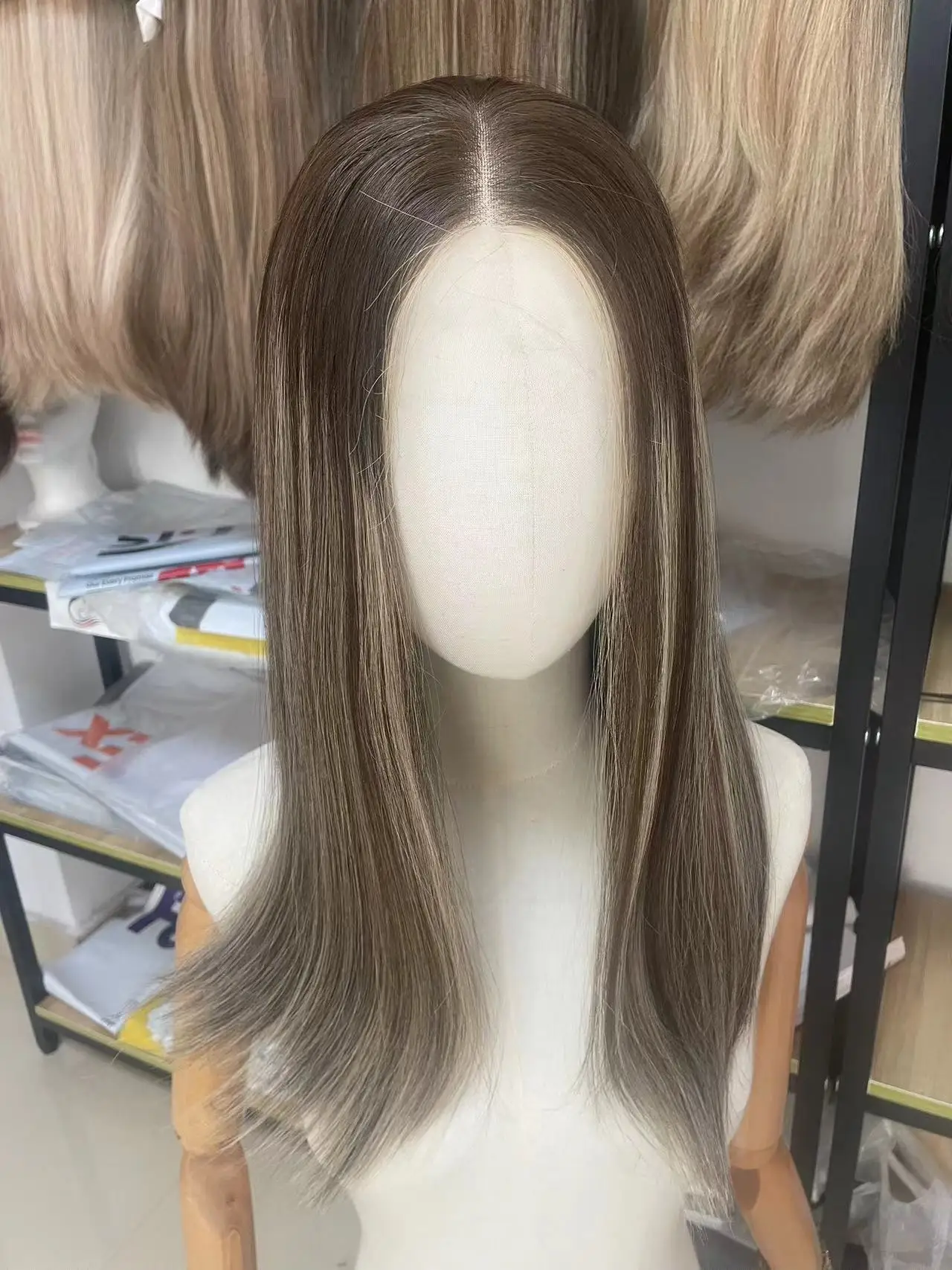 

Yelin #TU3 Dark Roots Jewish Lace Top Wigs with Highlights European 100% Human Hair Natural Slik and Soft Kosher Fashion Wigs