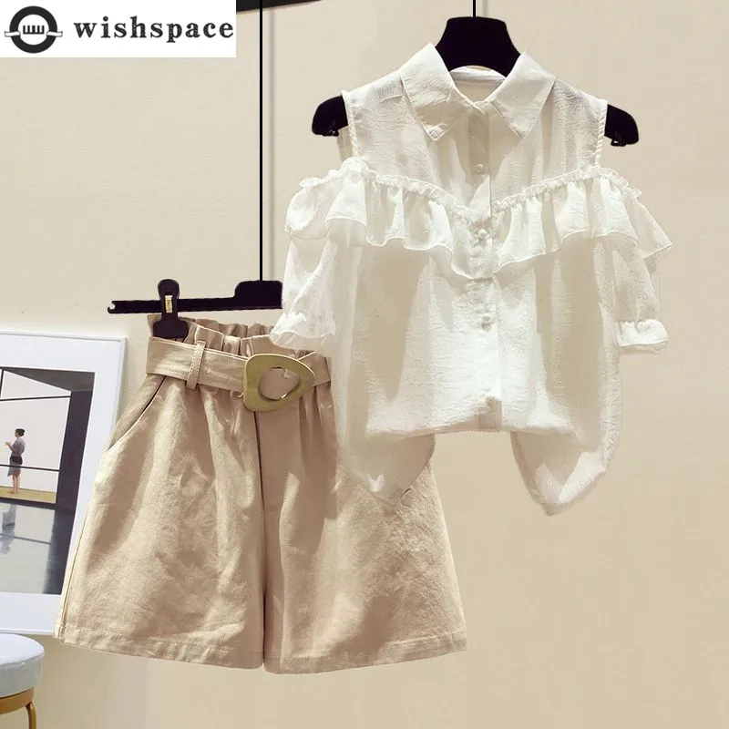 Spring/Summer Set Women's Korean Edition Slimming and Age Reducing Shoulder Leakage Top Western Shorts Two Piece Set