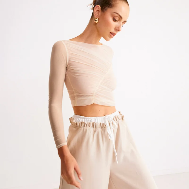 Summer See-Through Mesh T-shirt Top Women Pleated Patchwork See-Through Slim Cropped Top Tee Female Solid T-shirt Pullover