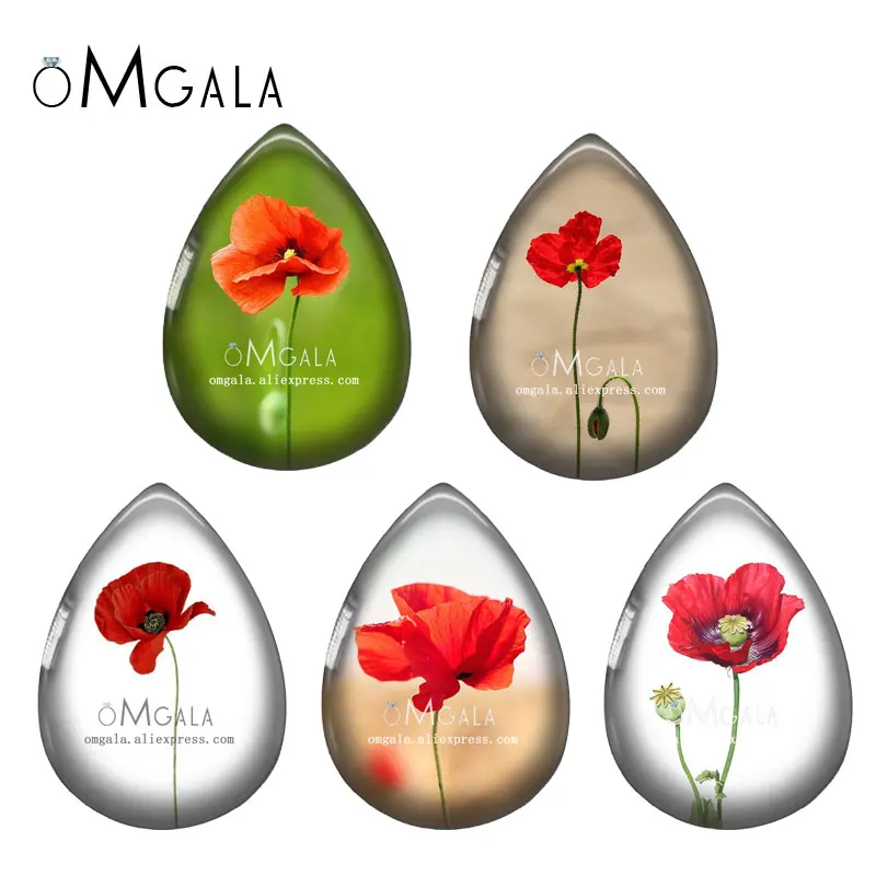 

5 пар красных цветов, картины макового мака, фото каплевидной формы, кабошон с плоским основанием для самостоятельного изготовления сережек, Ювелирная фурнитура