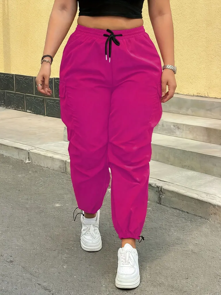 Women's Casual Streetwear Pink Cargo Pants Loose Drawstring Waist Jogger Trousers Plus Size Trendy Spring Summer Fashionable 5
