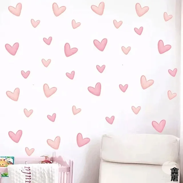 60Pcs Soft Pink Big Small Heart Shape Wall Stickers for Waterproof Removable PVC  Home Decoration 2