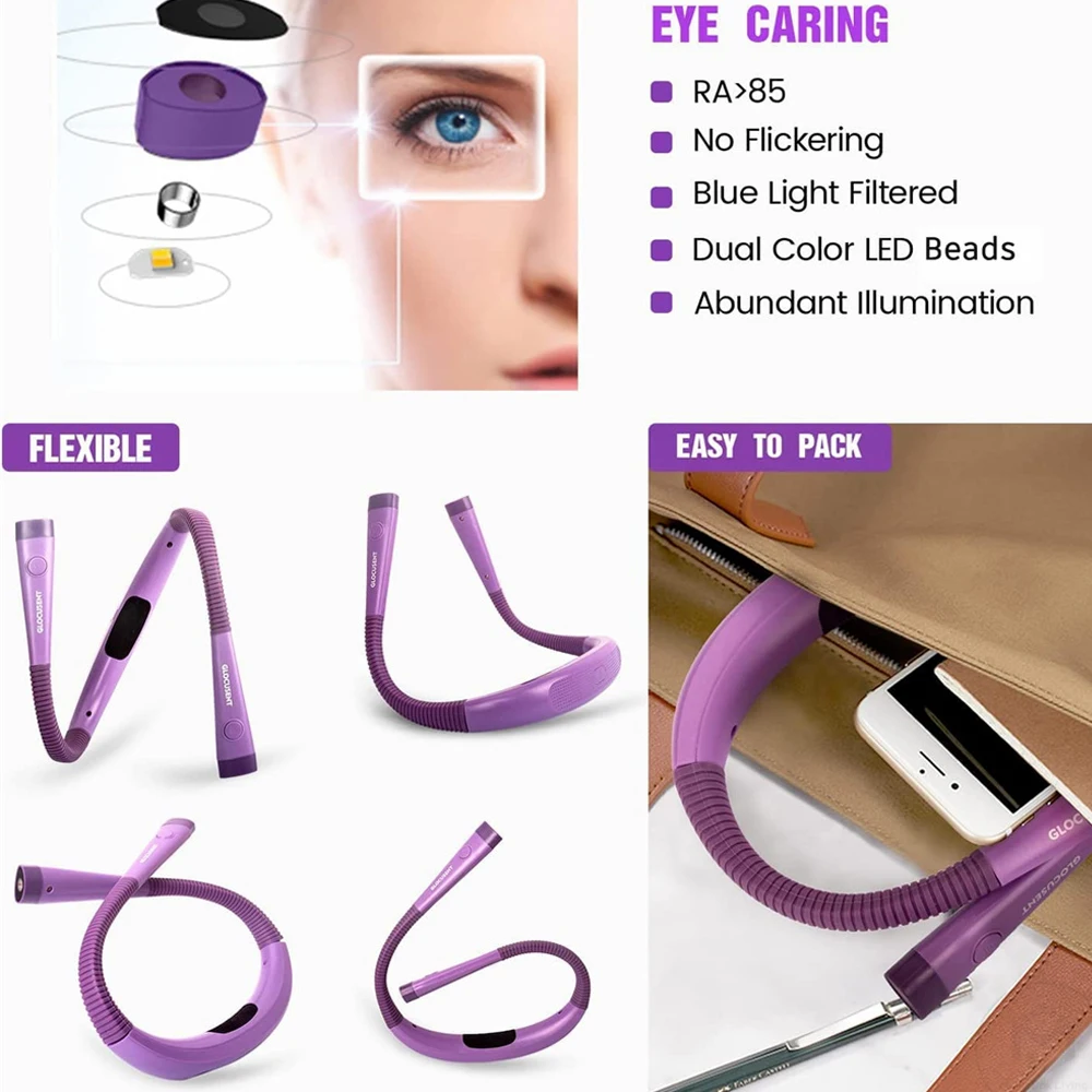 고품질 LED 목 독서 등 책 빛 독서 등 침대 3 색 6 밝기 레벨 USB 충전식 읽기 빛