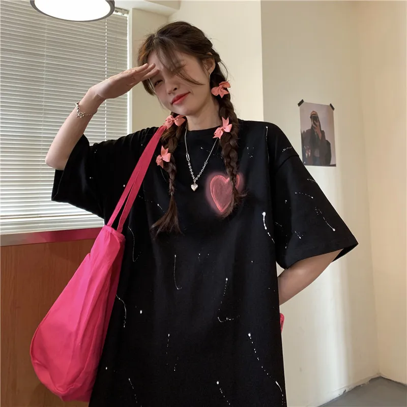 

Summer fashion Heart Print T-shirt Women Korean Style Vintage Loose Personality Tie Dye Harajuku Tops graphic t shirts woman