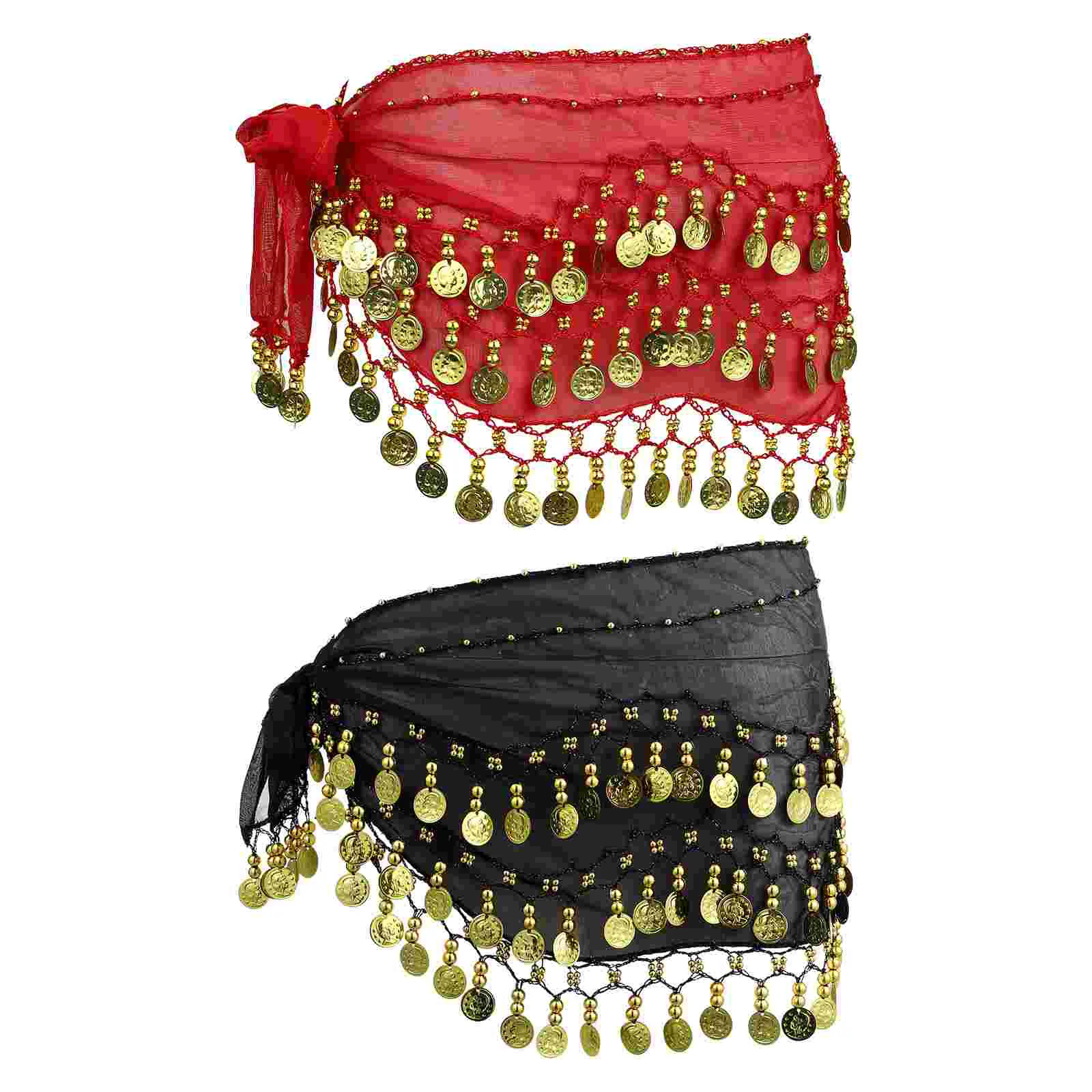 

2Pcs Hip Scarf with Dangling Coins Performance Hip Skirt Waist Skirt