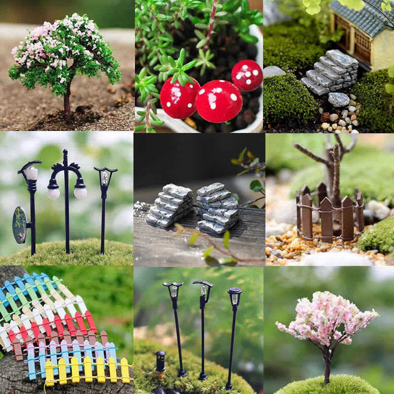 Mini Craft Figurine Bend Bridge House Mushroom Fence Plant Pot Garden Ornament Miniature Fairy Garden Decor DIY